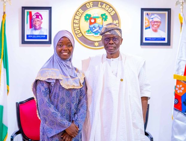 Governor Sanwo-Olu in a post with LASU Best Graduating student, Aminat
